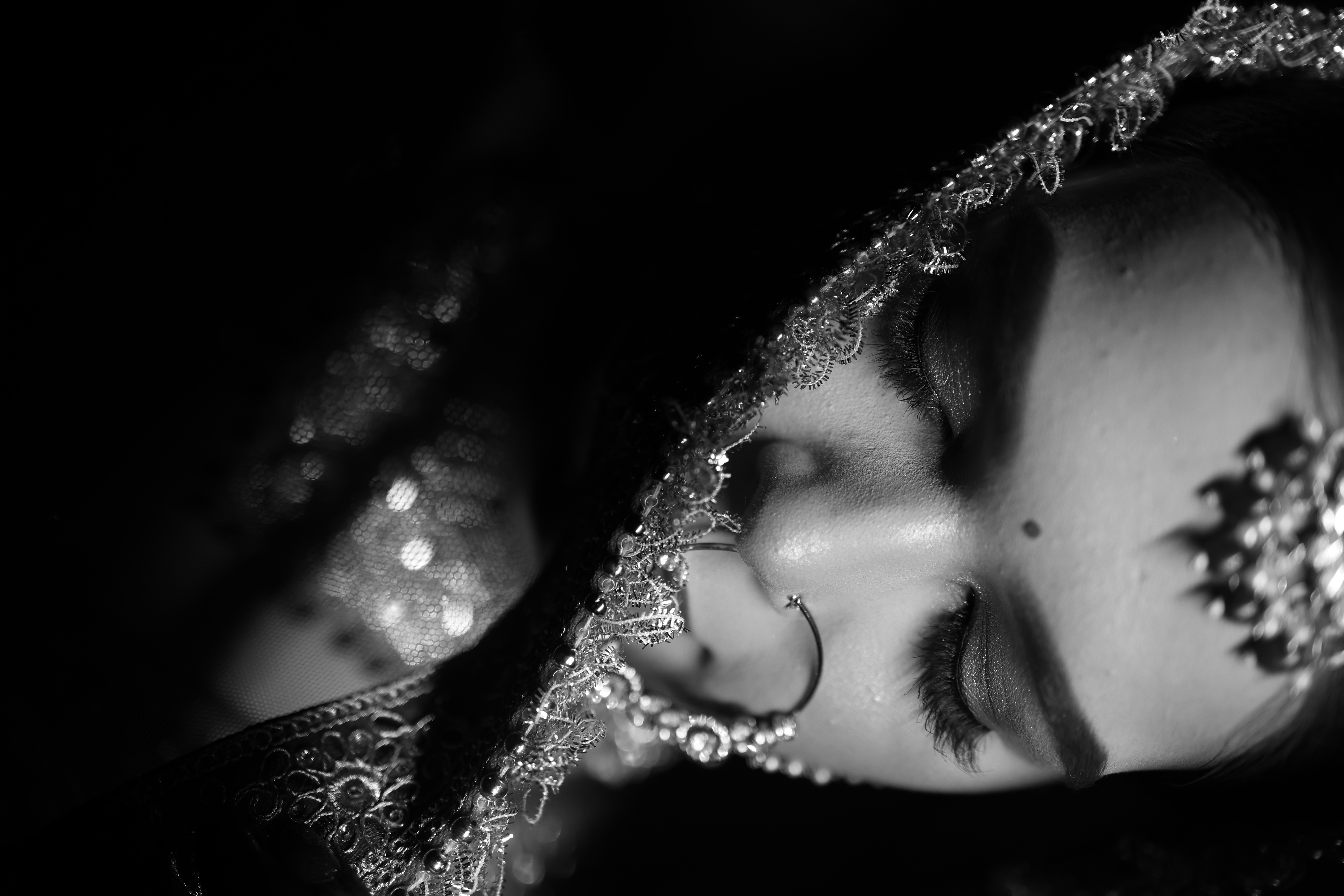 Dramatic high-contrast black and white cinematic bridal portrait under embroidered lace veil